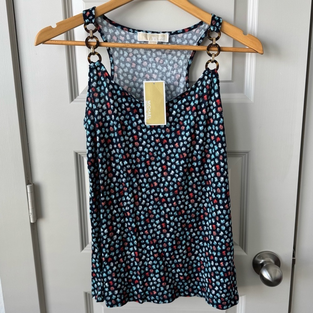 NWT Michael Kors Printed Sleeveless Tank Top Link Straps Size S Midnight Blue
